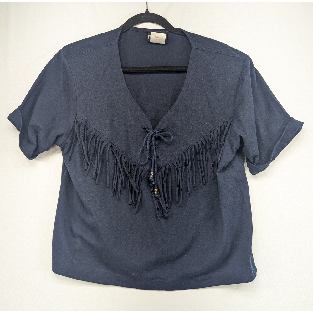 Impact Vintage Navy Blue Fringe Western Lace Up Top Short Sleeve Made‎ in USA M
